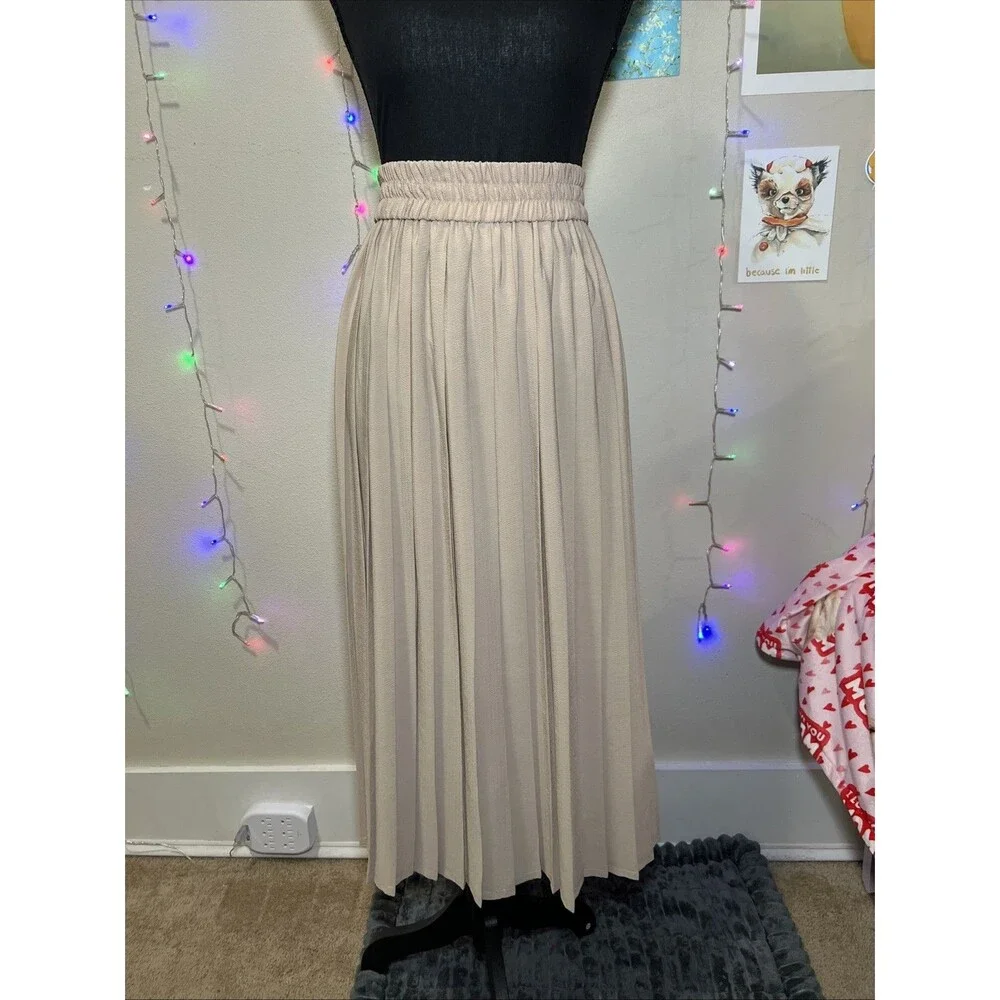 Women’s Tan Pleated Midi Skirt S Beverly Hills Troop Vibes - Picture 2 of 3